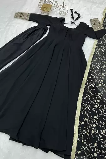 Black Georgette Fabric Fully Flair Stitched 3 Piece Long Stitched Gown