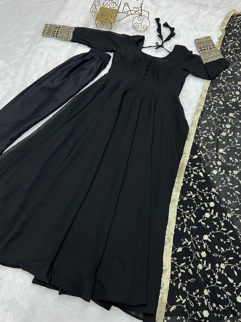 Black Georgette Fabric Fully Flair Stitched 3 Piece Long Stitched Gown