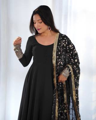 Black Georgette Fabric Fully Flair Stitched 3 Piece Long Stitched Gown 5