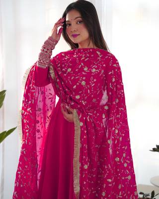 Pink Colour Georgette Fabric Fully Flair Stitched 3 Piece Long Stitched Gown 1