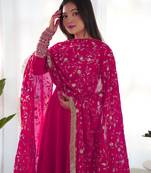 Pink Colour Georgette Fabric Fully Flair Stitched 3 Piece Long Stitched Gown