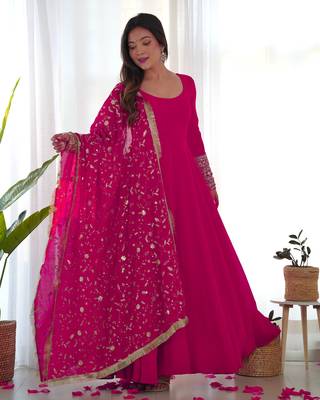 Pink Colour Georgette Fabric Fully Flair Stitched 3 Piece Long Stitched Gown 2