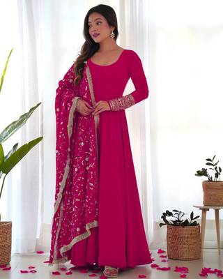 Pink Colour Georgette Fabric Fully Flair Stitched 3 Piece Long Stitched Gown 3
