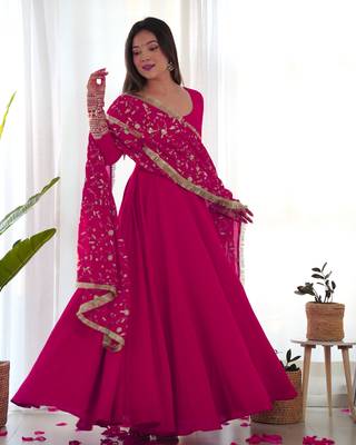 Pink Colour Georgette Fabric Fully Flair Stitched 3 Piece Long Stitched Gown 4