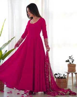 Pink Colour Georgette Fabric Fully Flair Stitched 3 Piece Long Stitched Gown 5