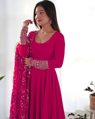 Pink Colour Georgette Fabric Fully Flair Stitched 3 Piece Long Stitched Gown 6