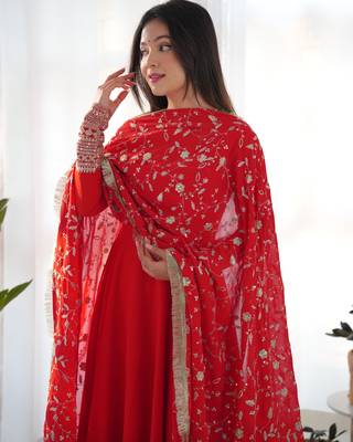 Red Colour Georgette Fabric Fully Flair Stitched 3 Piece Long Stitched Gown 1