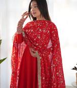 Red Colour Georgette Fabric Fully Flair Stitched 3 Piece Long Stitched Gown