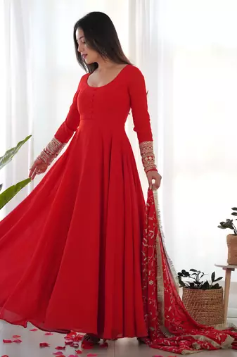 Red Colour Georgette Fabric Fully Flair Stitched 3 Piece Long Stitched Gown