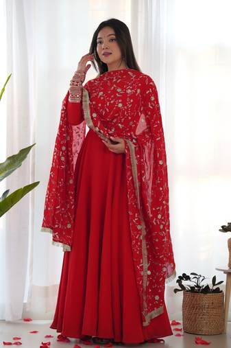 Red Colour Georgette Fabric Fully Flair Stitched 3 Piece Long Stitched Gown