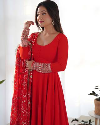 Red Colour Georgette Fabric Fully Flair Stitched 3 Piece Long Stitched Gown 7