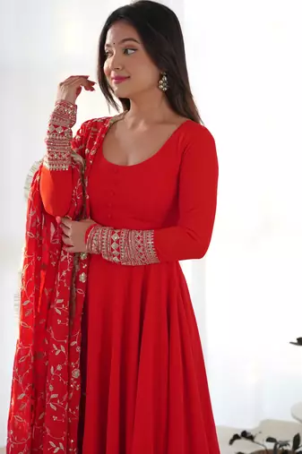 Red Colour Georgette Fabric Fully Flair Stitched 3 Piece Long Stitched Gown