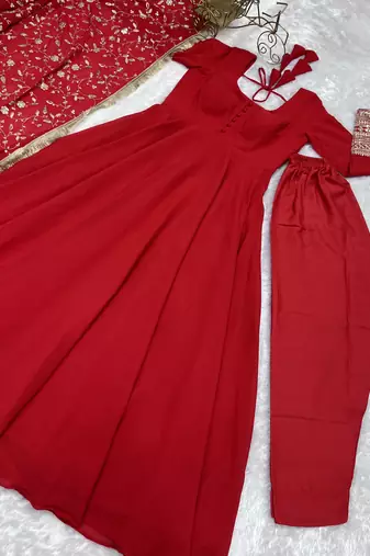 Red Colour Georgette Fabric Fully Flair Stitched 3 Piece Long Stitched Gown
