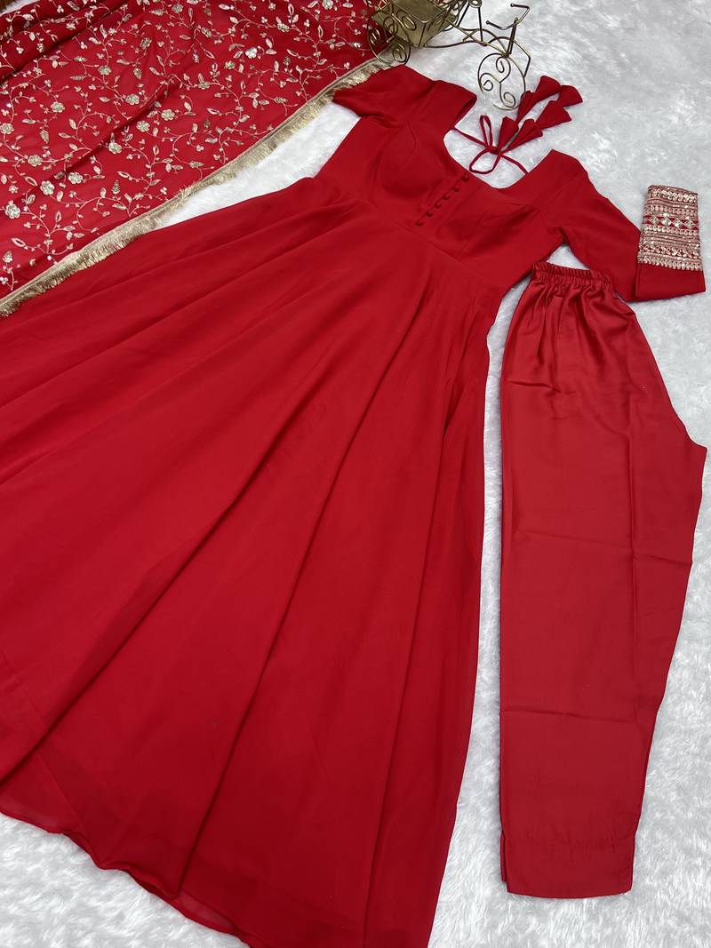 Red Colour Georgette Fabric Fully Flair Stitched 3 Piece Long Stitched Gown