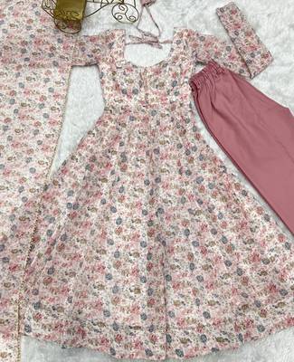 Chiffon Floral Print Fabric, Padded, Side Zipper Attached Fully Flair Anarkali Kurti, Dupatta And Pent 8