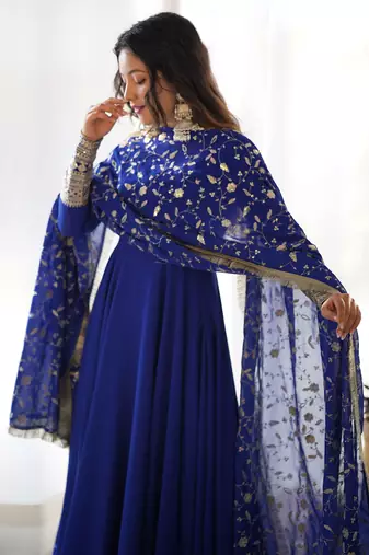 Blue Colour Georgette Fabric Fully Flair Stitched 3 Piece Long Stitched Gown