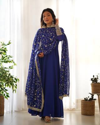 Blue Colour Georgette Fabric Fully Flair Stitched 3 Piece Long Stitched Gown 4