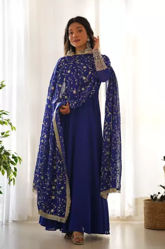 Blue Colour Georgette Fabric Fully Flair Stitched 3 Piece Long Stitched Gown