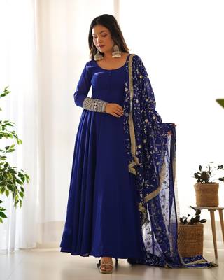 Blue Colour Georgette Fabric Fully Flair Stitched 3 Piece Long Stitched Gown 6