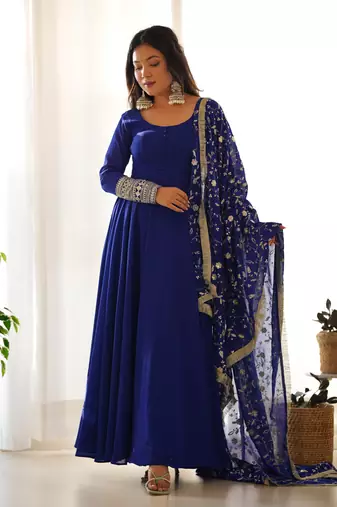 Blue Colour Georgette Fabric Fully Flair Stitched 3 Piece Long Stitched Gown