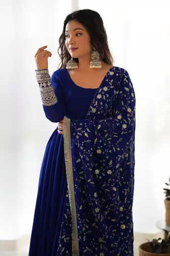 Blue Colour Georgette Fabric Fully Flair Stitched 3 Piece Long Stitched Gown