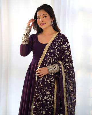 Wine Colour Georgette Fabric Fully Flair Stitched 3 Piece Long Stitched Gown 1