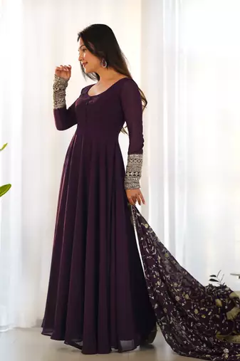 Wine Colour Georgette Fabric Fully Flair Stitched 3 Piece Long Stitched Gown