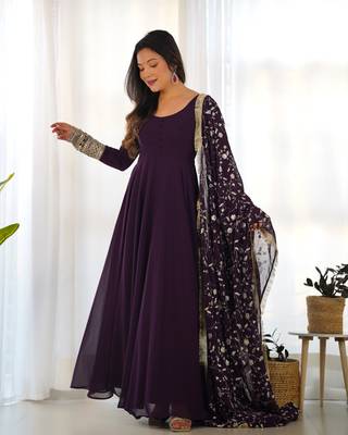 Wine Colour Georgette Fabric Fully Flair Stitched 3 Piece Long Stitched Gown 6