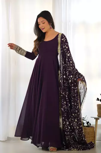 Wine Colour Georgette Fabric Fully Flair Stitched 3 Piece Long Stitched Gown