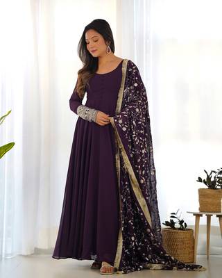 Wine Colour Georgette Fabric Fully Flair Stitched 3 Piece Long Stitched Gown 7