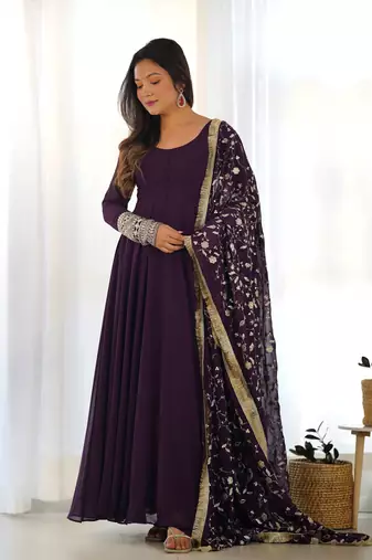 Wine Colour Georgette Fabric Fully Flair Stitched 3 Piece Long Stitched Gown