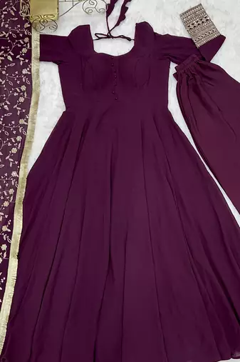 Wine Colour Georgette Fabric Fully Flair Stitched 3 Piece Long Stitched Gown