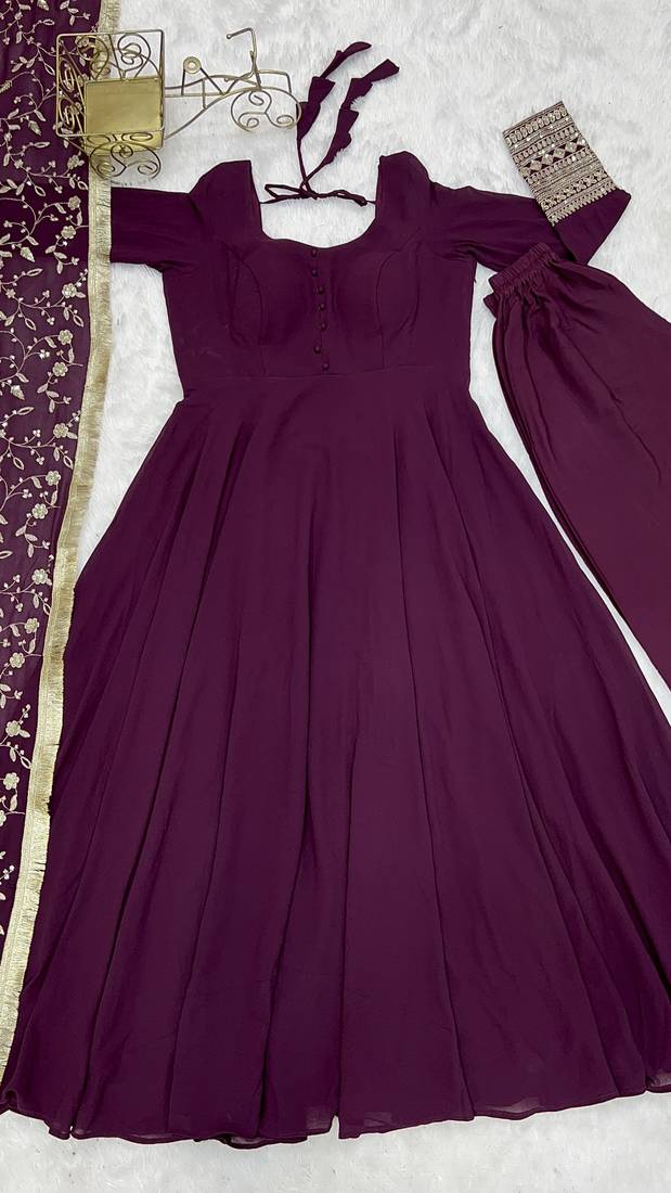 Wine Colour Georgette Fabric Fully Flair Stitched 3 Piece Long Stitched Gown