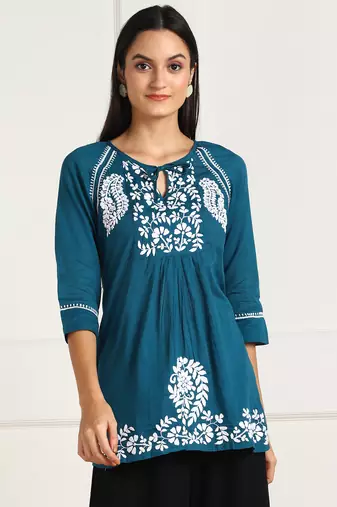 s cotton regular kurti turquoise blue