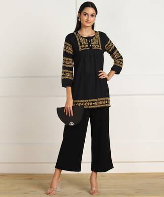 s cotton mulmul embroidered short kurti black 1