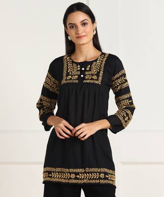 s cotton mulmul embroidered short kurti black 2