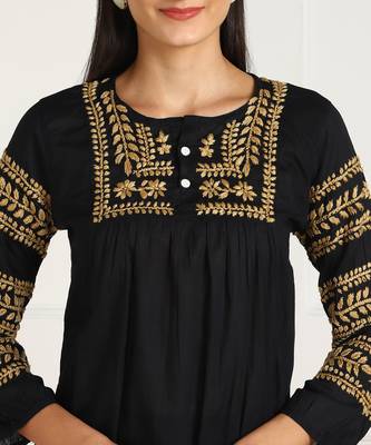 s cotton mulmul embroidered short kurti black 3