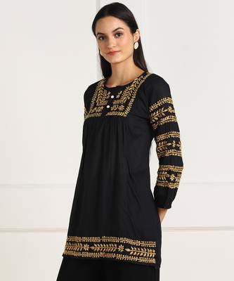 s cotton mulmul embroidered short kurti black 4