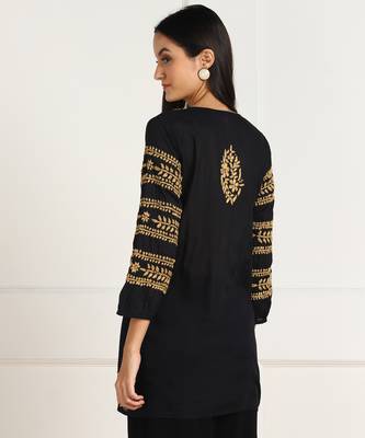 s cotton mulmul embroidered short kurti black 5