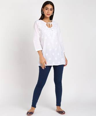Vahson chikankari handcrafted lucknowi cotton short white kurta for women 1