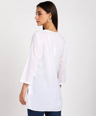 Vahson chikankari handcrafted lucknowi cotton short white kurta for women 2