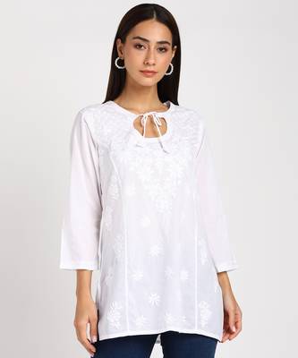 Vahson chikankari handcrafted lucknowi cotton short white kurta for women 3