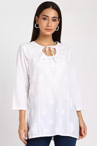Vahson chikankari handcrafted lucknowi cotton short white kurta for women