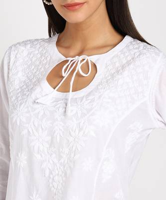 Vahson chikankari handcrafted lucknowi cotton short white kurta for women 5