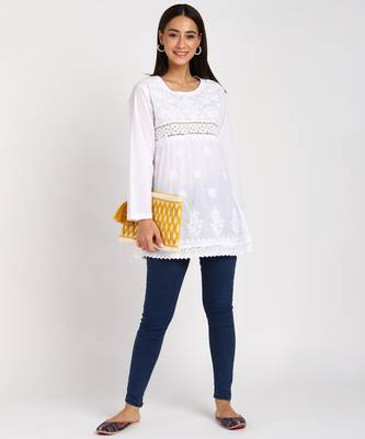 Vahson chikankari handcrafted lucknowi cotton short white kurta for women 1
