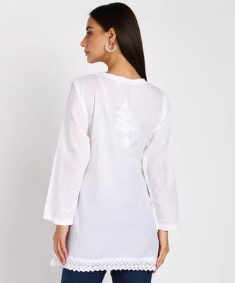 Vahson chikankari handcrafted lucknowi cotton short white kurta for women 2