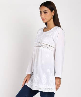 Vahson chikankari handcrafted lucknowi cotton short white kurta for women 3