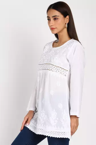 Vahson chikankari handcrafted lucknowi cotton short white kurta for women