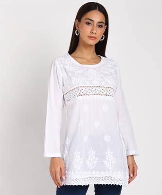 Vahson chikankari handcrafted lucknowi cotton short white kurta for women 4