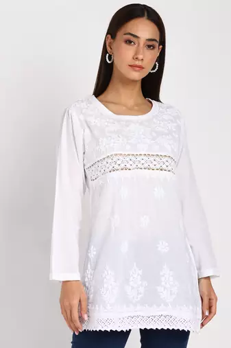 Vahson chikankari handcrafted lucknowi cotton short white kurta for women